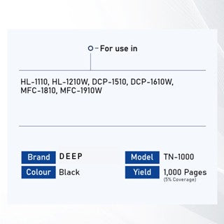 Deep TN-1000 High Quality Toner for use in HL-1110 HL-1210W DCP-1510 DCP-1610W MFC-1810 MFC-1910W TN1000 1000